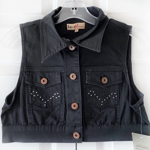 Be Girl Women Juniors Black Rhinestone Crochet Denim Crop Shirt Vest Stretch M L - Picture 2 of 11